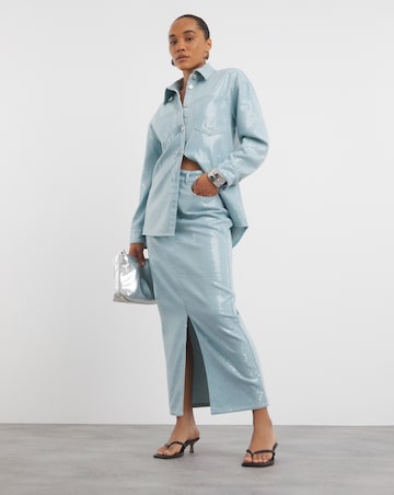 Light Wash Clear Sequin Denim Oversized Shirt