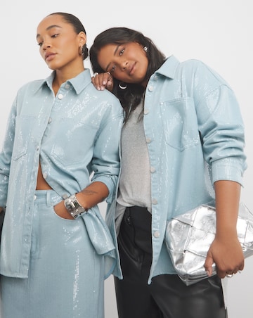 Light Wash Clear Sequin Denim Oversized Shirt