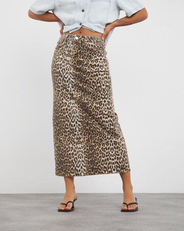 Leopard Print Denim Maxi Skirt