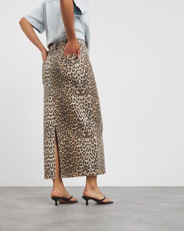 Leopard Print Denim Maxi Skirt
