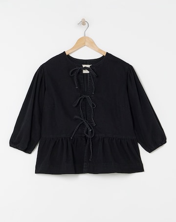 Black Tie Front Denim Peplum Blouse