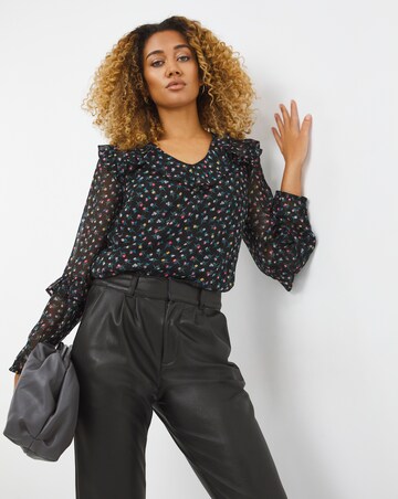 Multi Floral Printed Sheer Ruffle Trim V Neck Blouse With Cami