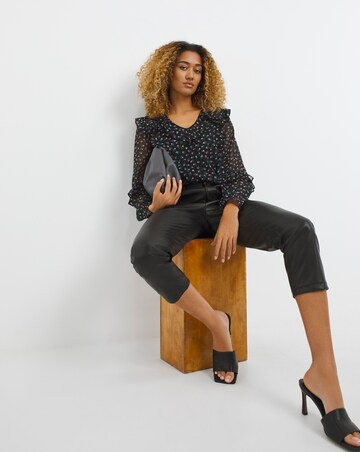 Multi Floral Printed Sheer Ruffle Trim V Neck Blouse With Cami