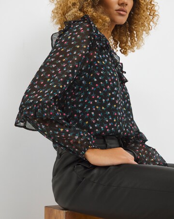 Multi Floral Printed Sheer Ruffle Trim V Neck Blouse With Cami