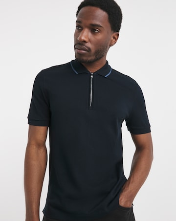 BOSS Short Sleeve Zip Neck Jersey Polo - Dark Blue