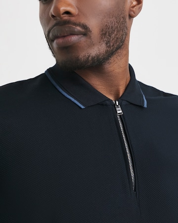 BOSS Short Sleeve Zip Neck Jersey Polo - Dark Blue