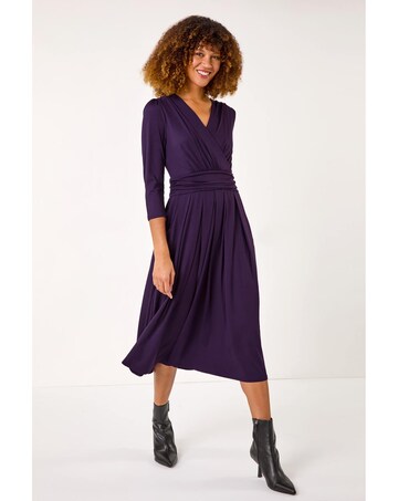 Roman Wrap V-Neck Stretch Midi Dress