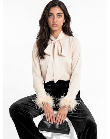 Lovedrobe Feather Cuff Bow Satin Blouse