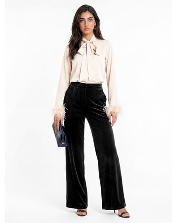 Lovedrobe Feather Cuff Bow Satin Blouse