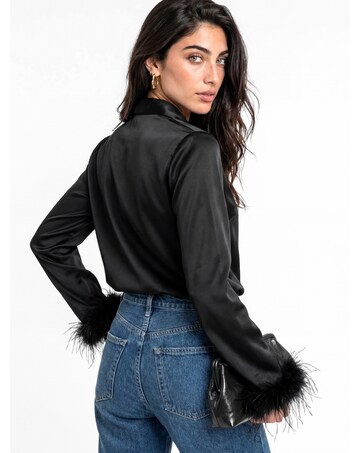 Lovedrobe Feather Cuff Bow Satin Blouse