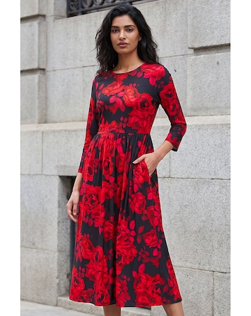 Roman Rose Print Gathered Midi Dress