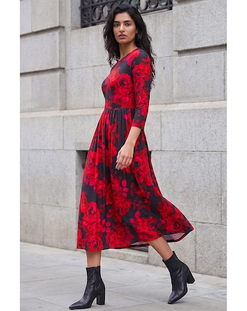 Roman Rose Print Gathered Midi Dress