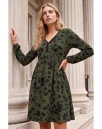 Roman Floral Contrast Trim Stretch Dress