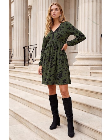 Roman Floral Contrast Trim Stretch Dress