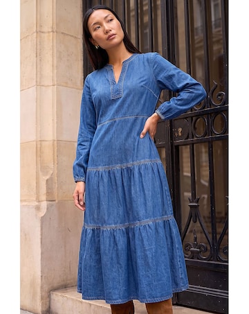 Roman Cotton Denim Tiered Midi Dress