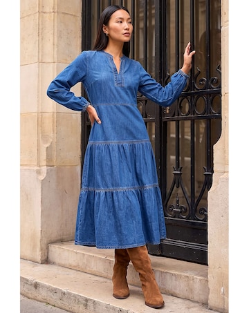 Roman Cotton Denim Tiered Midi Dress