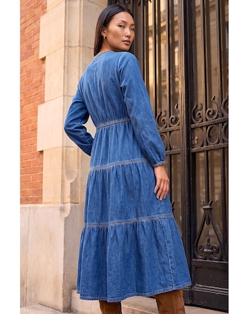 Roman Cotton Denim Tiered Midi Dress