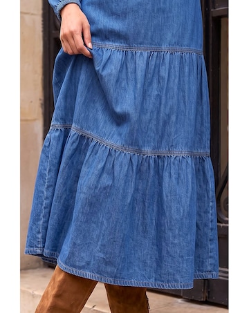 Roman Cotton Denim Tiered Midi Dress