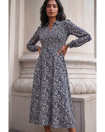 Roman Ditsy Floral Shirred Midi Dress