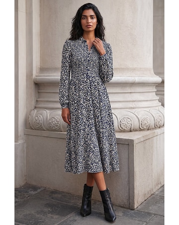 Roman Ditsy Floral Shirred Midi Dress