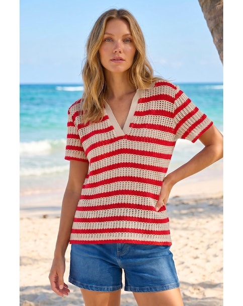 Roman Stripe Crochet Collar Knit Top