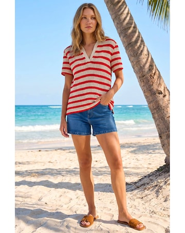 Roman Stripe Crochet Collar Knit Top