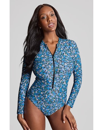 Panache Grace Long Sleeved Non Wired Swimsuit Blue Posy Print