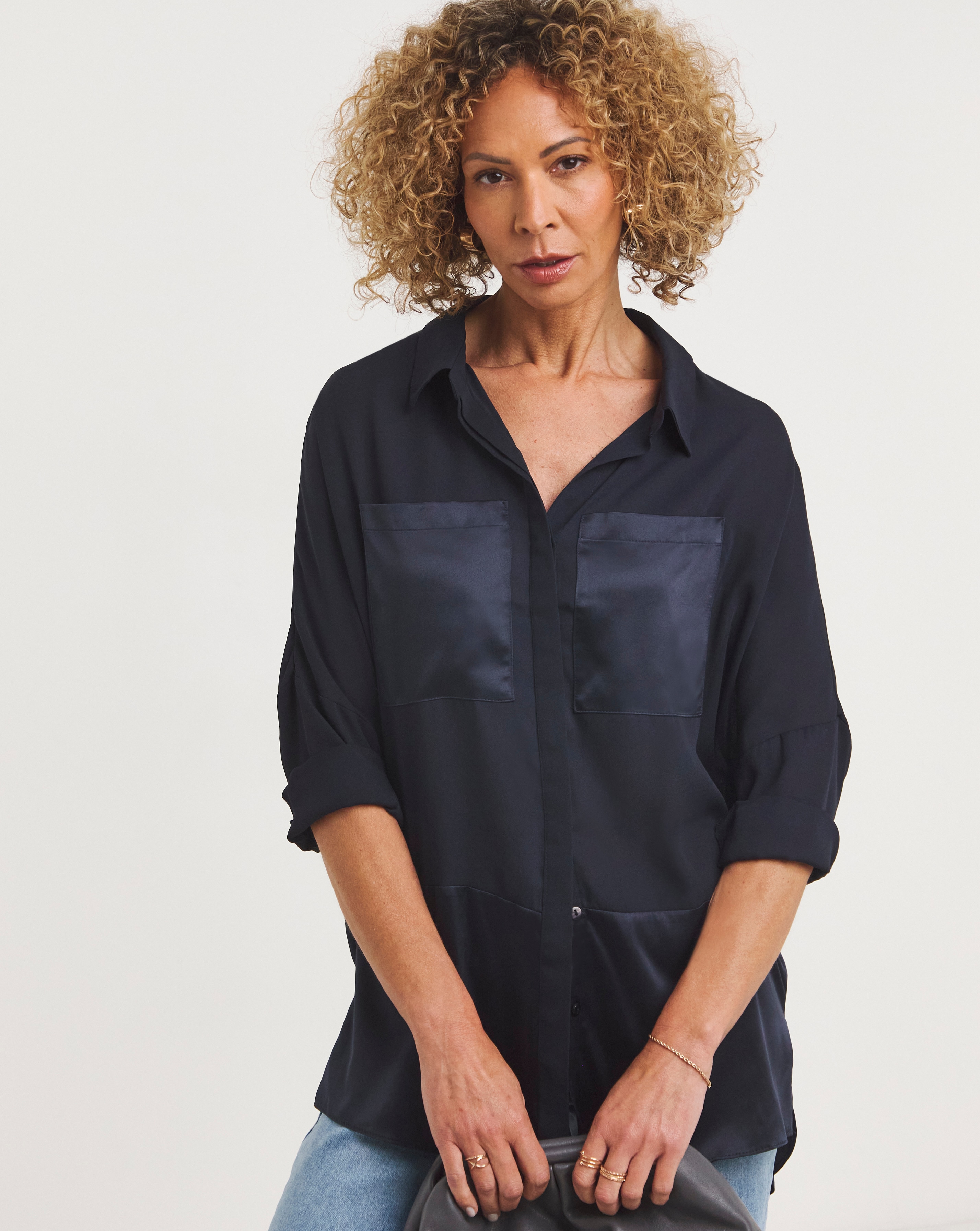 Navy Satin Mix Shirt