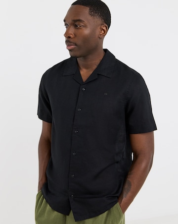 Calvin Klein Short Sleeve Linen Cuban Shirt - Black