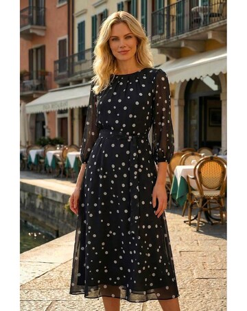 Roman Polka Dot Pleat Neck Midi Dress
