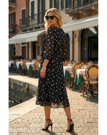 Roman Polka Dot Pleat Neck Midi Dress