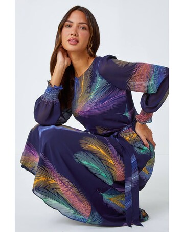 Roman Feather Print Belted Midi Dress