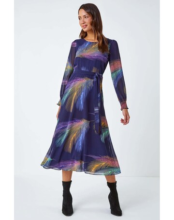 Roman Feather Print Belted Midi Dress