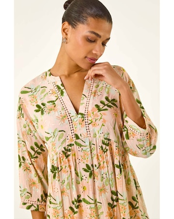 Roman Floral Broderie Trim Tunic Top