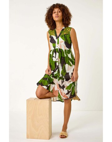 Roman Leaf Print Tiered Smock Midi Dress