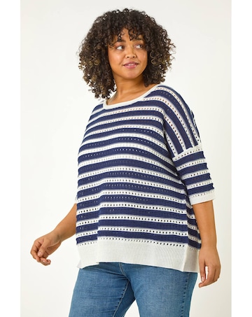 Roman Curve Crochet Stripe Knit Top