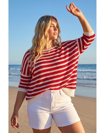 Roman Curve Crochet Stripe Knit Top