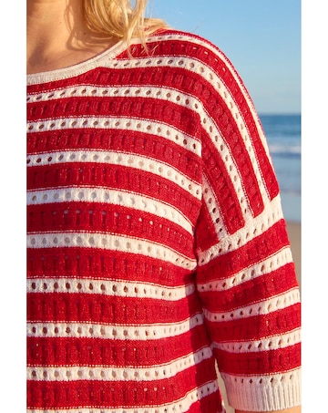 Roman Curve Crochet Stripe Knit Top