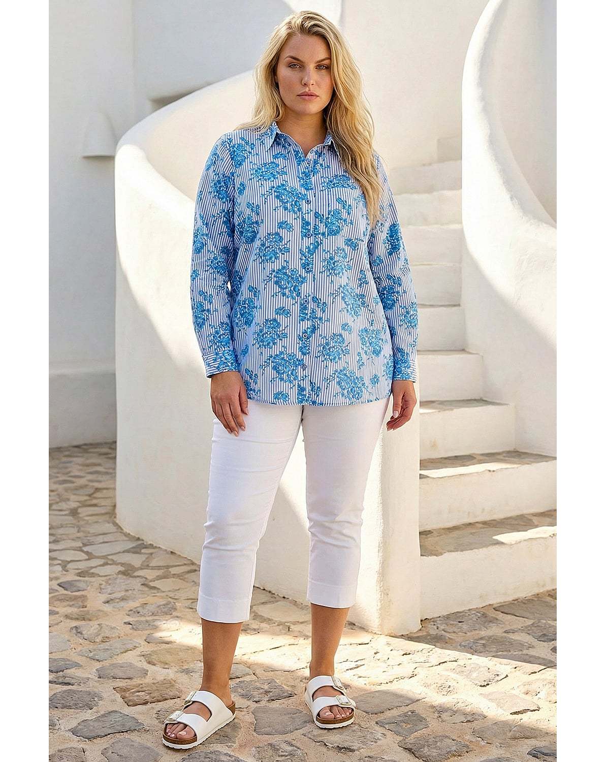 Roman Curve Stripe Floral Print Blouse