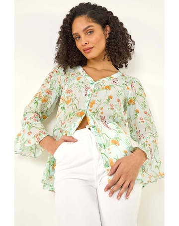 Roman Floral Flare Sleeve Blouse