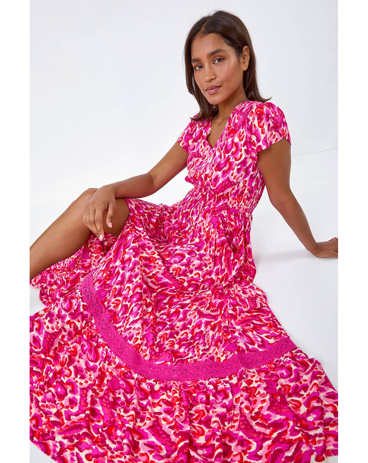 Roman Abstract Shirred Waist Maxi Dress