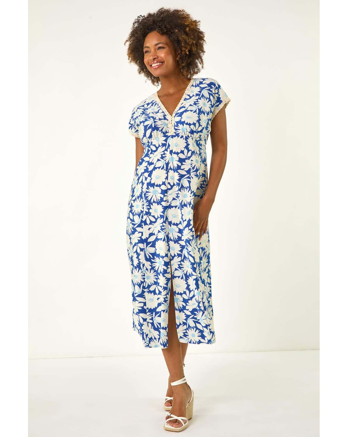 Roman Daisy Print Lace Trim Midi Dress | Ambrose Wilson