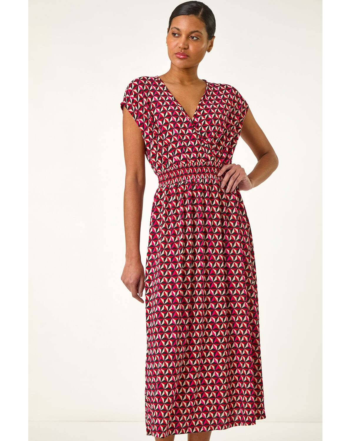Roman Geo V-Neck Stretch Midi Dress