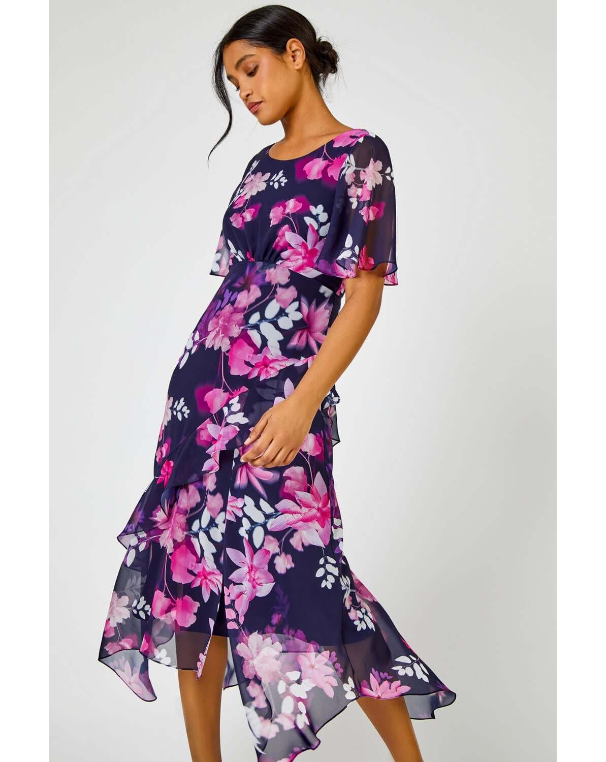 Roman Floral Chiffon Frill Midi Dress