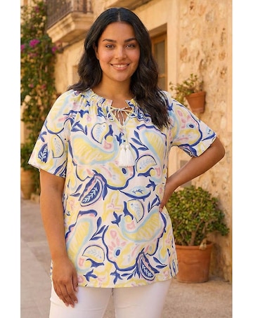 Roman Curve Abstract Print Gathered Top