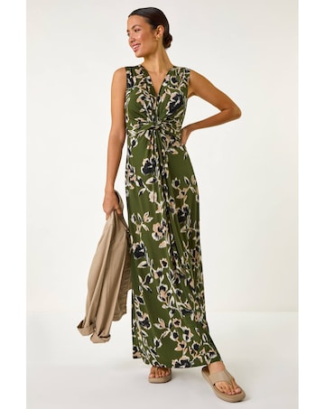 Roman Leaf Print Twist Front Maxi Dress