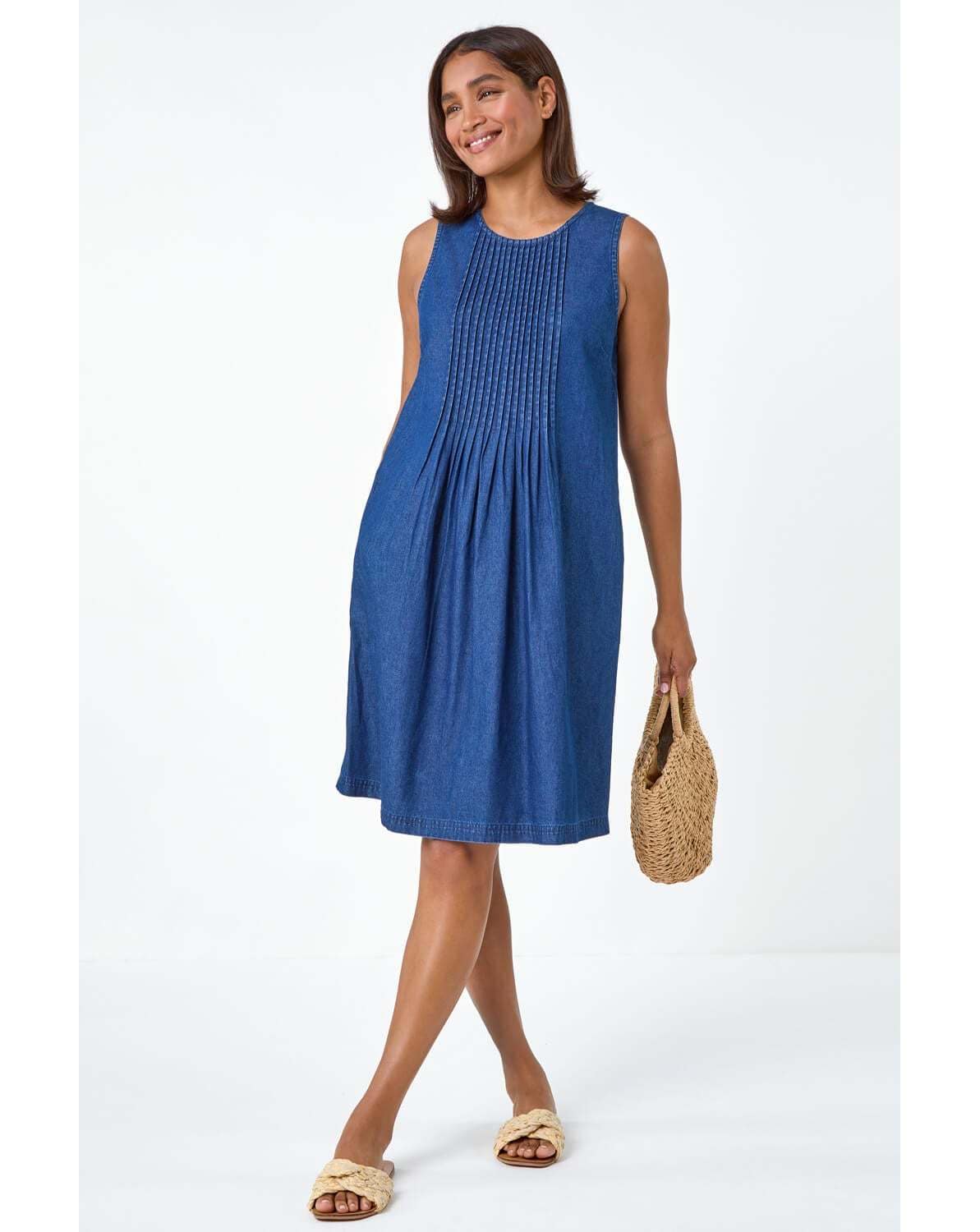 Roman Denim Pintuck Detail Pocket Dress