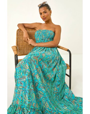 Roman Floral Bandeau Shirred Midi Dress