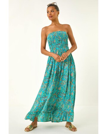 Roman Floral Bandeau Shirred Midi Dress