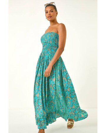 Roman Floral Bandeau Shirred Midi Dress
